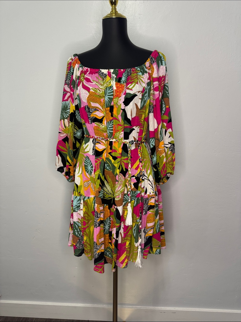 RACHEL Rachel Roy Tropical Off-Shoulder Mini Dress in Pink, Green & Orange